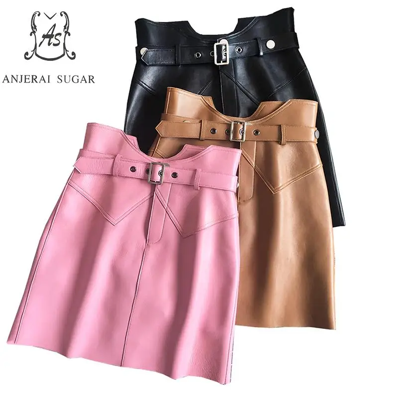 

Real leather skirt women black pink kaki genuine sheepskin 2019 new short sexy High waist belt OL Package hip A line mini skirts