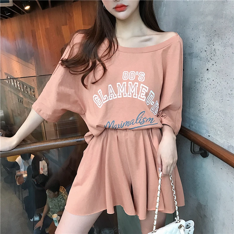

2 Piece Set Pink Tracksuit Sweat Suits Women Two Piece Outfits Gray Biker Shorts and Matching Sets O-neck Short Sleeve Tops