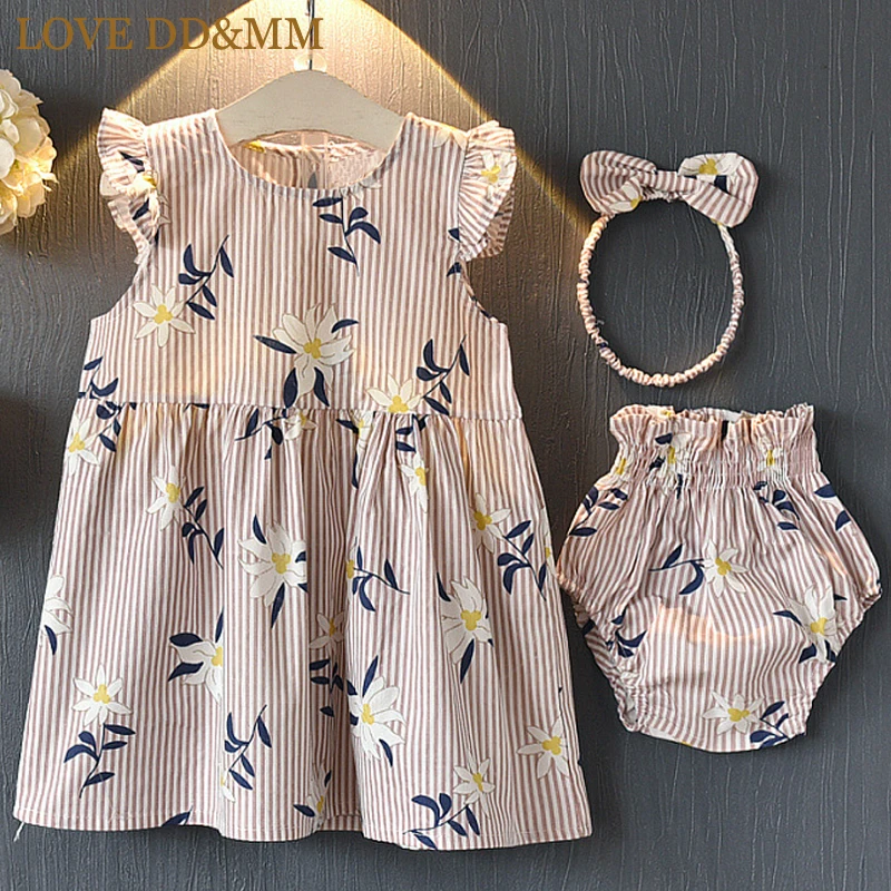 

LOVE DD&MM Girls Sets 2019 Summer Explosion Models Cute Girls Striped Flower Print Ruffled Dress + Briefs + Headband Three-Piece