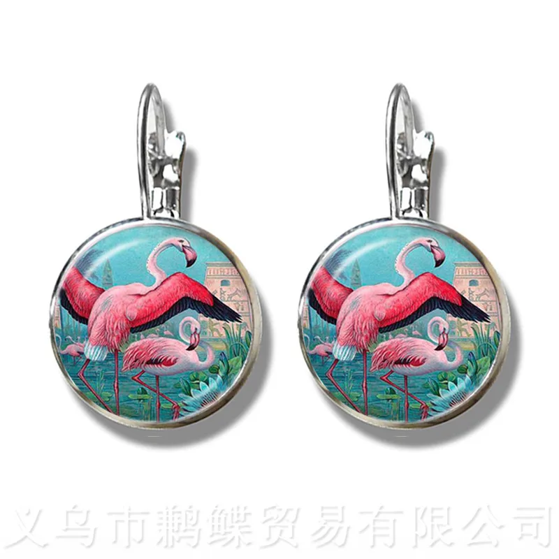 Flamingo Pattern Earrings New Fashion Round Glass Bird 16mm Dome Silver Plated Stud For Women Great Gift | Украшения и аксессуары
