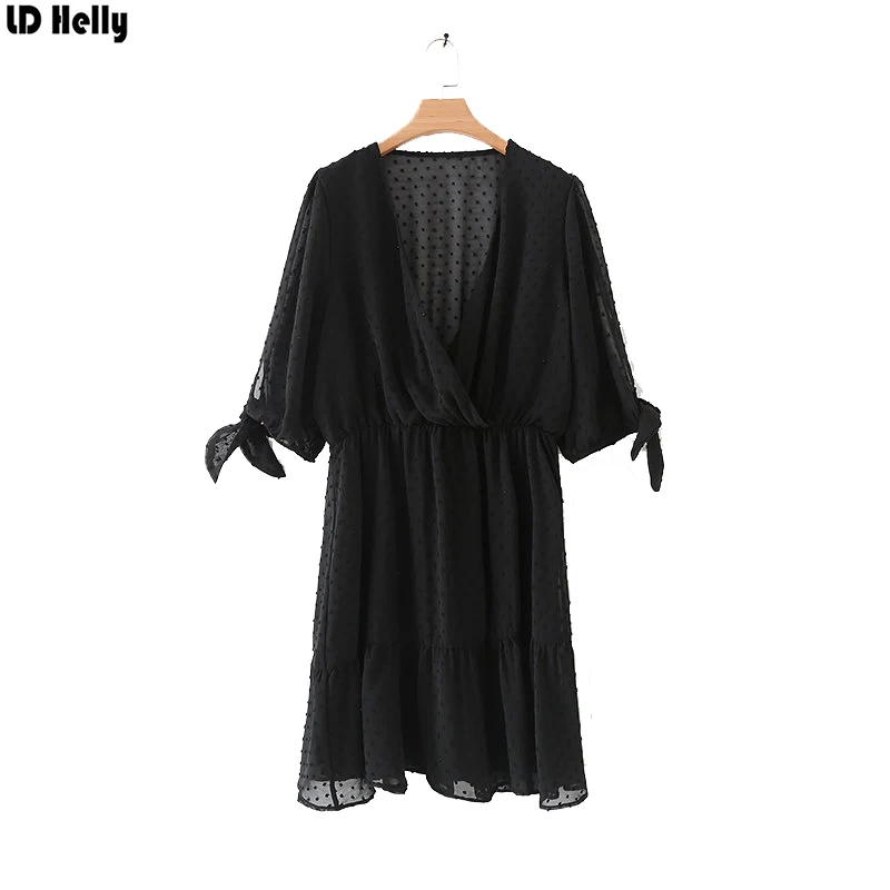 

LD Helly 2019 Women Black Mesh Mini Dress Sexy V-Neck Short Sleeve Transparent Dresses Female stylis Elastic Waist Derss Vestido