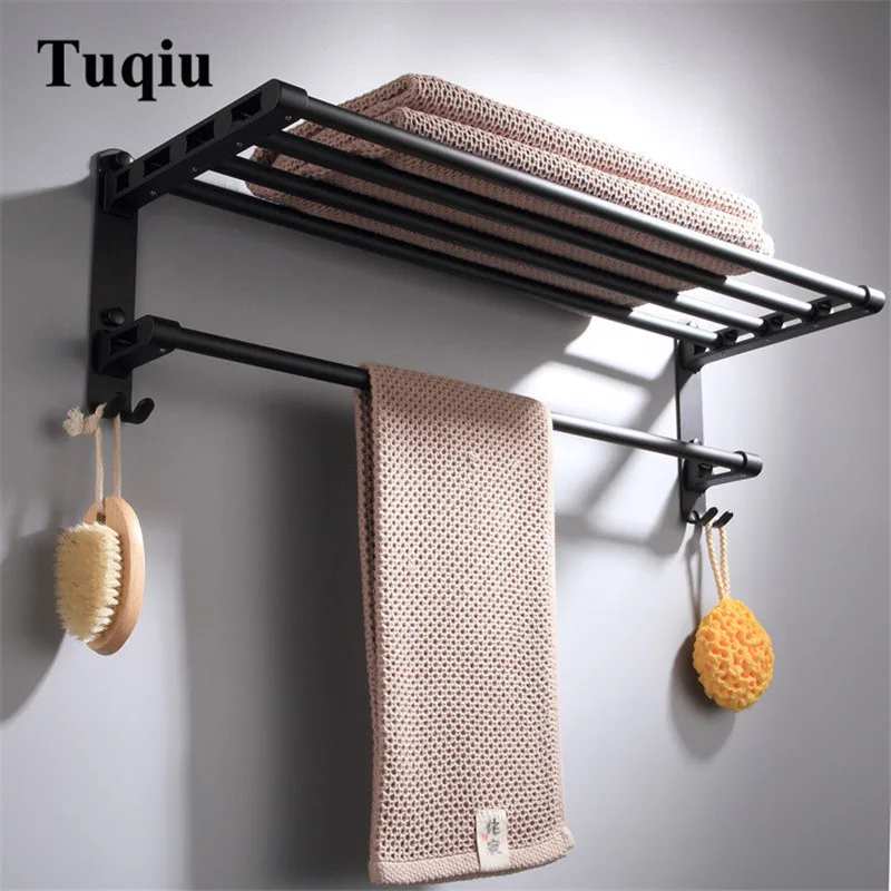 

Bathroom Bath Towel Rack Aluminum Black Towel Holder Folding Wall Mounted 60CM Towel Rail Holder Toilet Bar