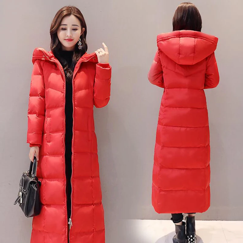 Women's Red Down Jacket 2018 New Winter Women Down Coats Female X-Long Thicken Slim Windproof White Duck Down Jacket Parka