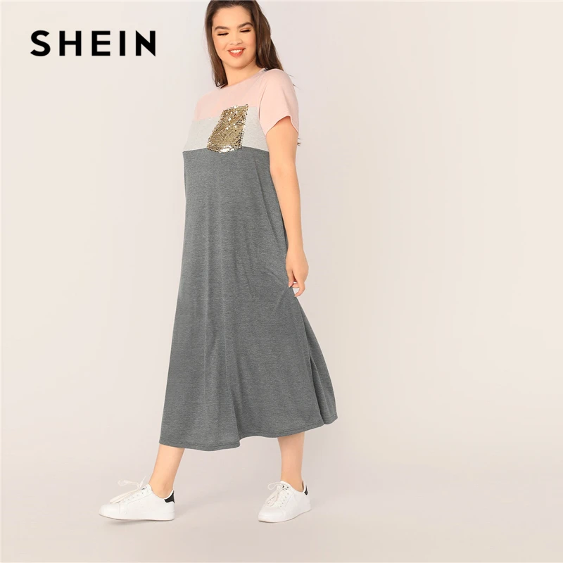 SHEIN Плюс Размер Многоцветный Блесток карман Patched Colorblock длинное платье-туника женское летнее прямое плюс Повседневное платье
