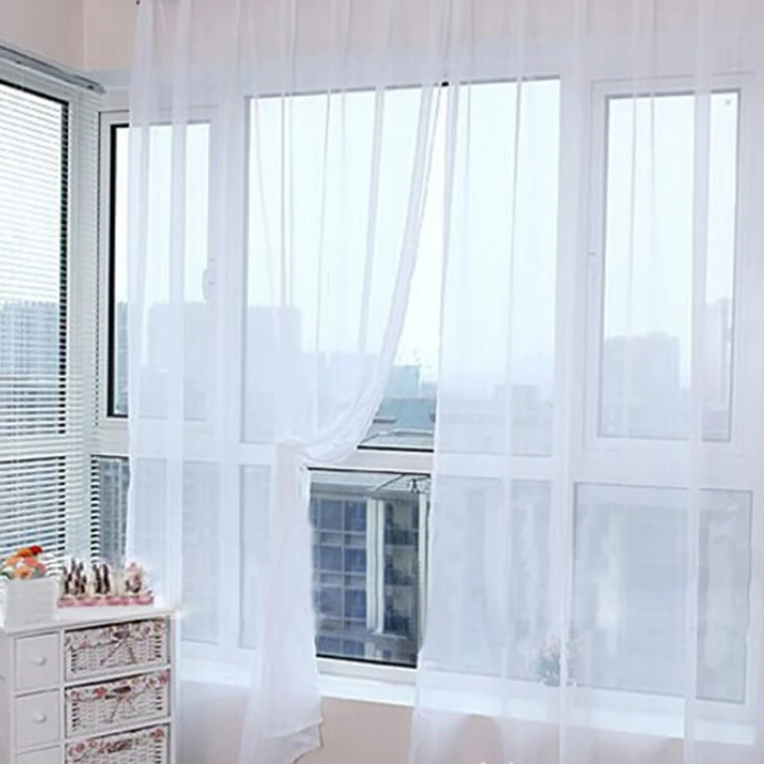 

Home Decoration 2Pcs Dacron Solid Color Transparent Voile Tulle Window Curtain Sheer Window Screen Blinds 100*200CM - White