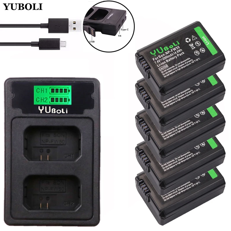 

5Pcs 2000mAh NP-FW50 NP FW50 Battery + LED USB Dual Charger for Sony Alpha a6500 a6300 a7 7R a7R a7R II a7II NEX-3 NEX-3N NEX-5