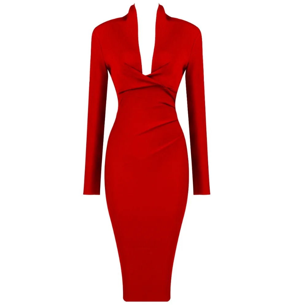 Новое женское элегантное черное, коричневое, синее, красное платье с v-образным вырезом и длинным рукавом, платье с переплетением, вечернее облегающее платье