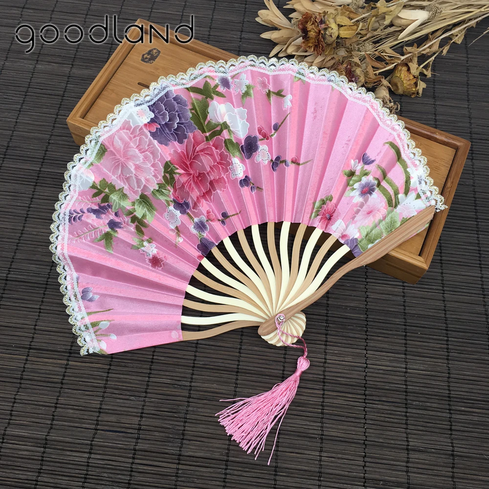  Free Shipping Wholesale 50pcs/lot Lace Edge Cherry Blossom Design Fabric Folding Fan Wedding Invita - 32829256317