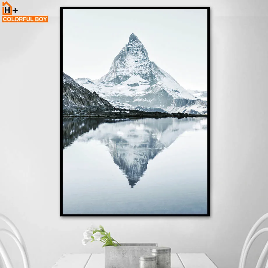 

COLORFULBOY Wall Art Print Nordic Poster Snow Mountain Lake Landscape Canvas Painting Wall Pictures For Living Room Decoration