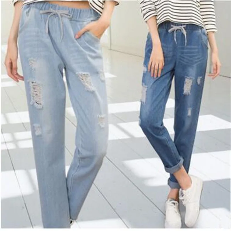 

New Arrivals Jeans Women Irregular Holes Jeans Female Elastic Waist Ankle-Length Denim Pants Loose Trousers P8218