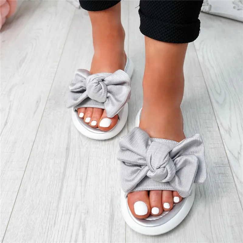 

MoneRffi 2019 New Fashion Women Ladies Casual Shoes Bow Flats Sandals Slip On Sliders Peep Toe Female Sandals Shoes Size 35-43