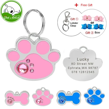 

Customized Engraved Dog ID Tag Personalized Bone Paw Shape Pet Cat Nameplate Pink Blue Rhinestone Pets Name Tags Free Bow Gift