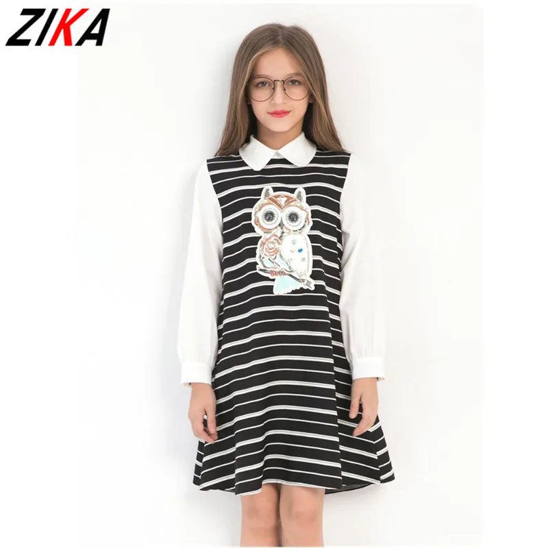 

ZIKA Big Girls Owl Collar Shirt Dresses Polyester Stripe Kids Costume Teens Girls Vestidos Dress White Children Clothes 6-15T
