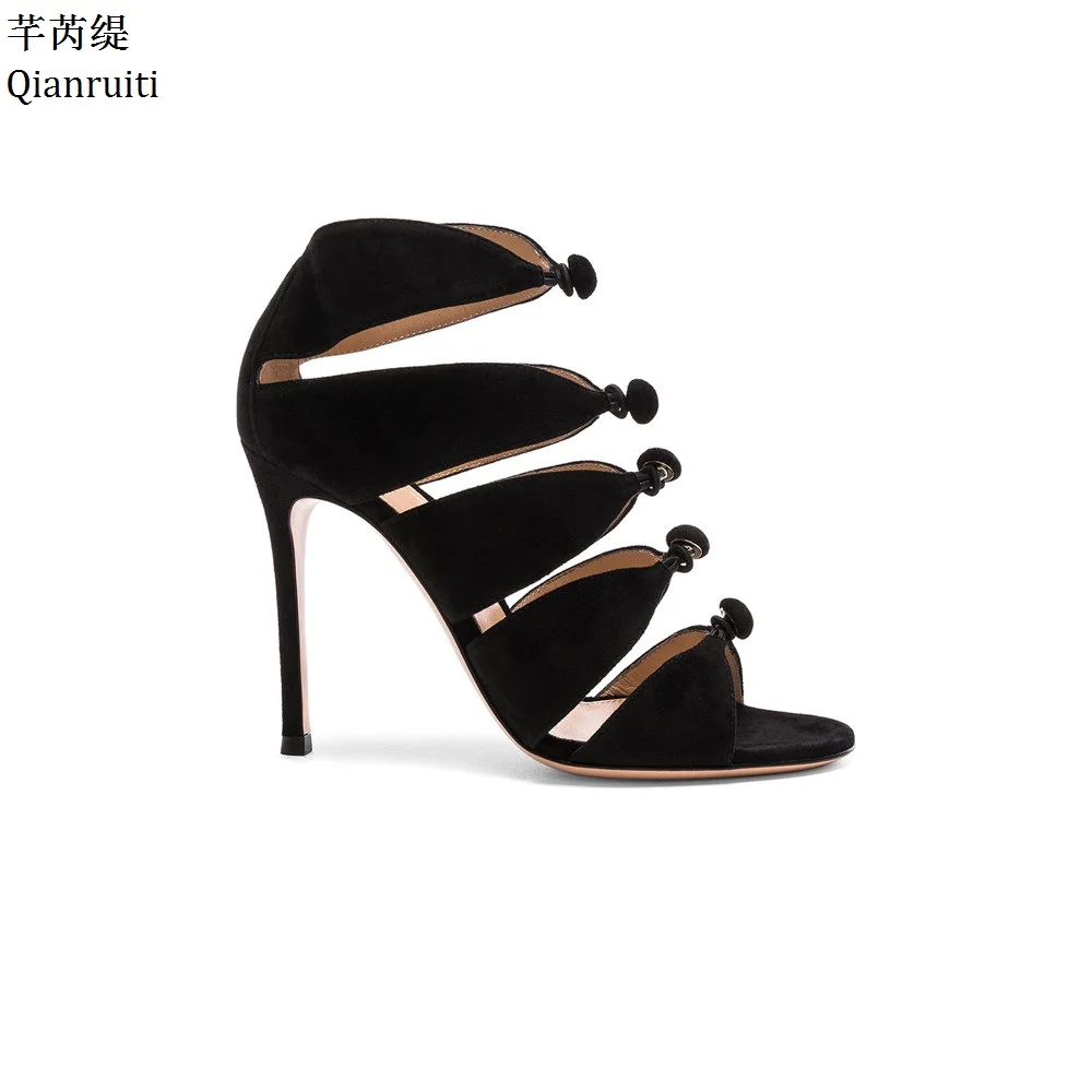 

Qianruiti Black Faux Suede High Heels Women Gladiator Sandals Rome Style Cut-Outs Women Pumps Peep Toe Thin Heels Women Shoes