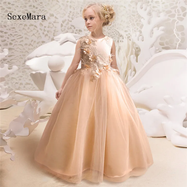 

New Flower Girl Dresses For Weddings Lace Ball Gown Kids Evening Gown Communion Dresses Girls Birthday Gown Vestido Longo