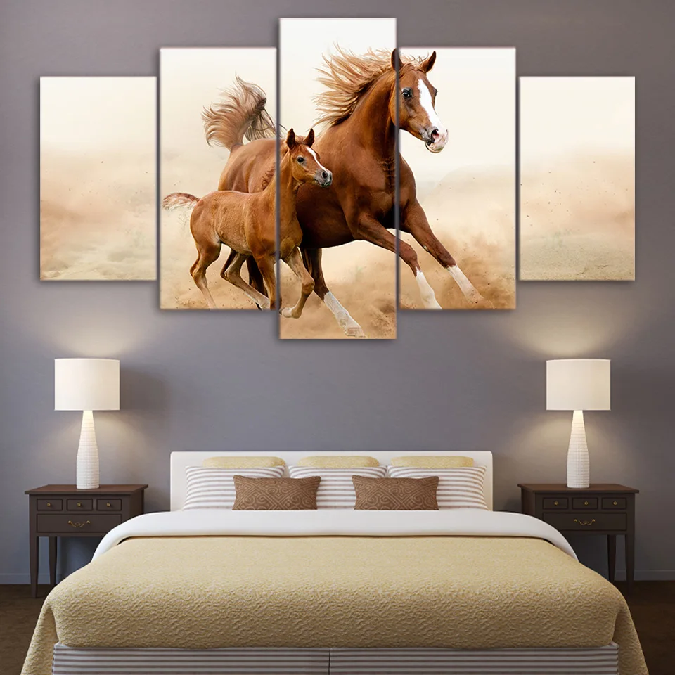 

Modular Pictures Framework HD Printed Modern Canvas 5 Panel Brown Horses Animal Home Decor Living Room Wall Artwork Painting