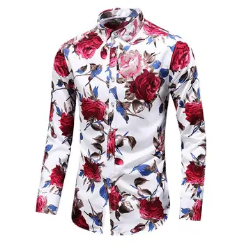 

Men's Shirt Print Long Sleeve Flower Shirt Men Floral Rose Casual Blouse Men clothing Camisa social masculina Red White