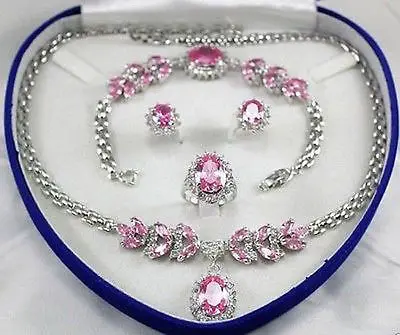 new Jewellery Women's Set Pink Necklace Earring Bracelet Ring 18K gold plated watch wholesale Quartz stone CZ crystal (C0322)
