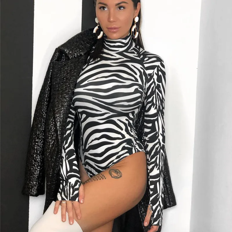 Zebra Print Turtleneck Bodysuit Bodycon Long Sleeve Bodysuit Women Black White Cotton Body Womens Skinny Autumn 2018