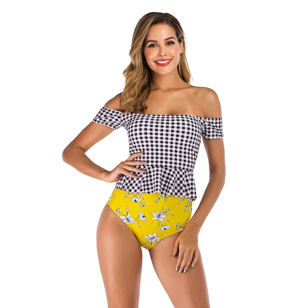 

Gingham Swimsuit Women High Waist Bikini Set Off Shoulder Swimwear 2019 Ruffle Hem Bathing Suit Two Pieces Sexy Push Up Bathers