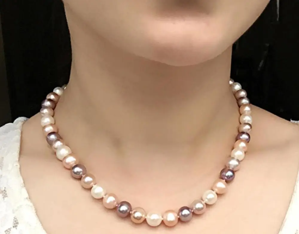 Elegant9-10mm Южное море Круглый ожерелье с разноцветным жемчугом 18inch14K Золотая застежка KKK