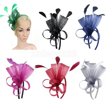

Lady Women Feather Fascinator Bow Veil Headband Weddings Party Headpiece