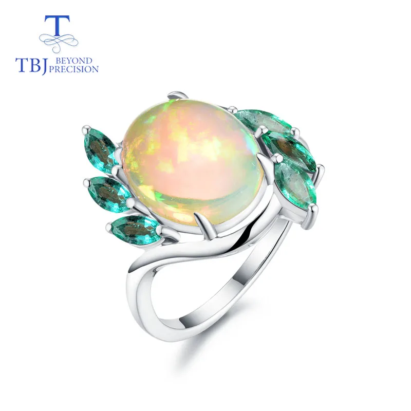 

TBJ,Natural Ethiopian Colorful Opal oval 10*12mm with emerald gemstone Rings in 925 sterling silver for women with gift box