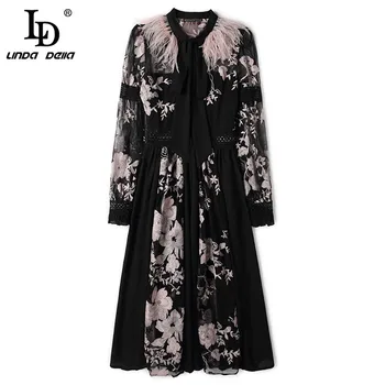

LD LINDA DELLA 2020 Spring Fashion Runway Black Dress Women's Long Sleeve Feathers Flower Embroidery Patchwork Mid-Calf Dress