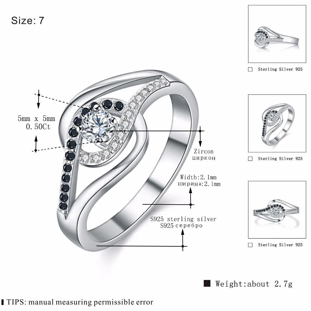 [Черный AWN] 925 пробы серебряные ювелирные изделия Модные свадебные кольца для женщин обручальное кольцо Femme Bijoux Bague Размер 6 7 8 C271