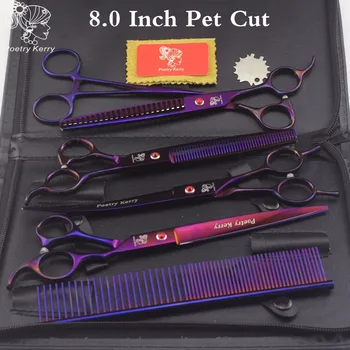 

8 inch Poetry Kerry "Professional pet grooming kit, direct and thinning dog scissors and curved pieces 4 pieces. purple Pet cut