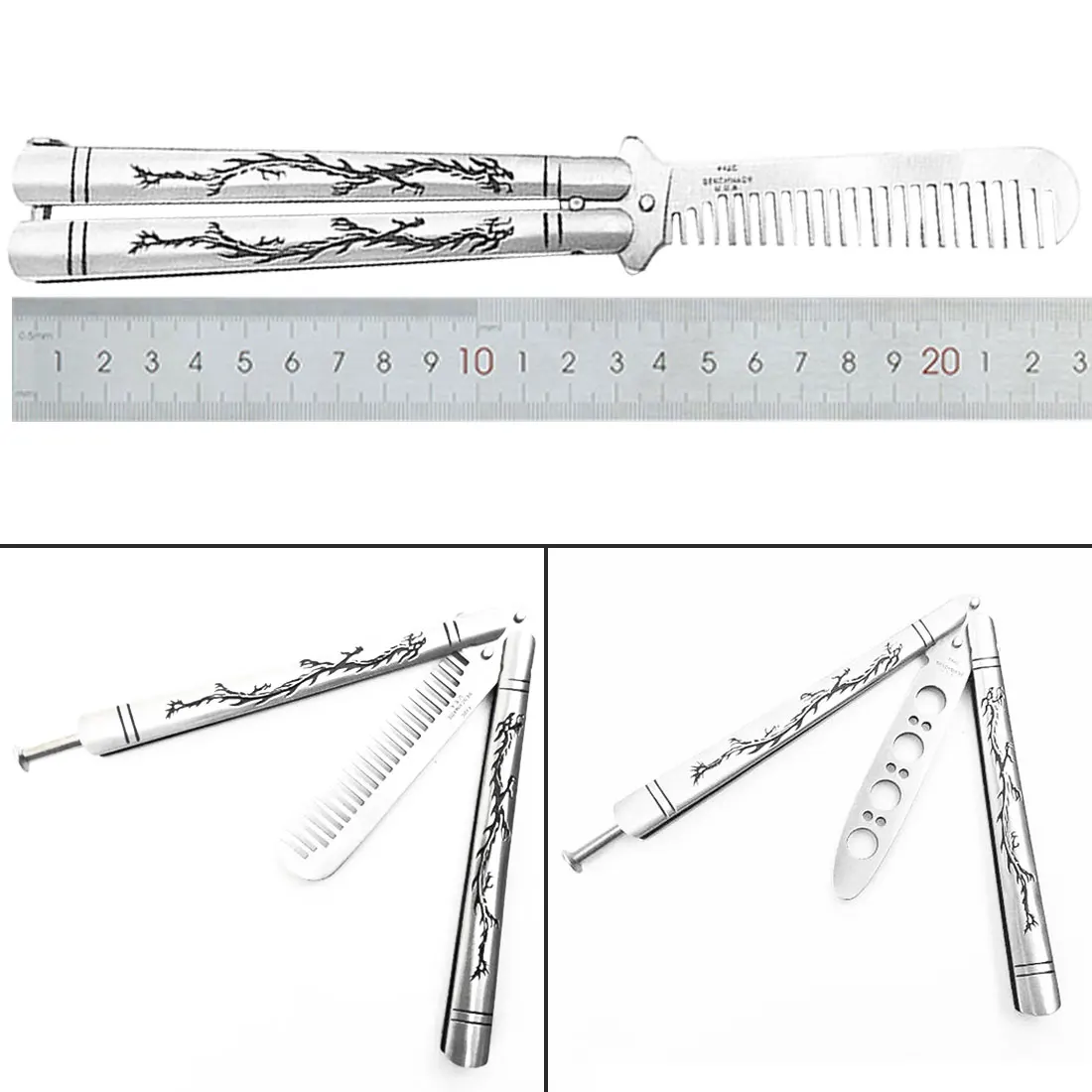 Складной нож из нержавеющей стали Balisong с рисунком дракона и титановым покрытием в стиле бабочки с тупым лезвием