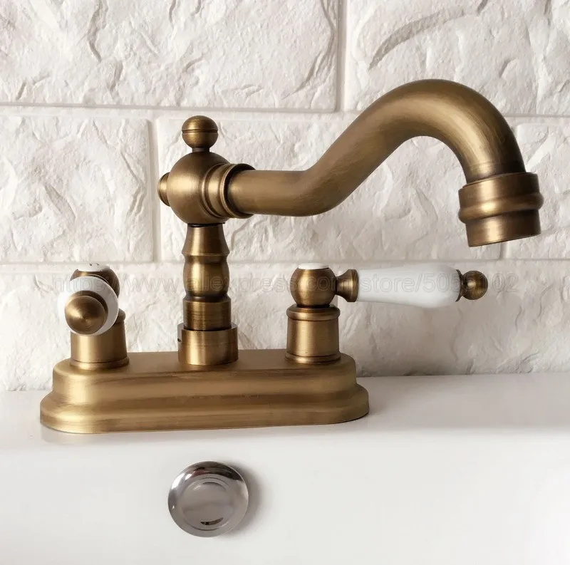 Antique Brass Bathroom Basin Faucet Swivel Spout Vessel Sink Mixer Tap