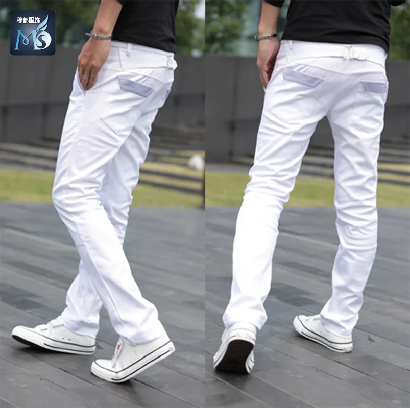 Korean fashion white pants for men flat front leisure mens trousers ...