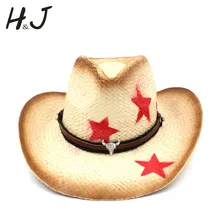 Для женщин Для мужчин соломы ковбойские шляпа с Bull руководитель группы звезда леди папа ручной работы ткань сомбреро Hombre пастушка Джаз шапки размеры 58 см
