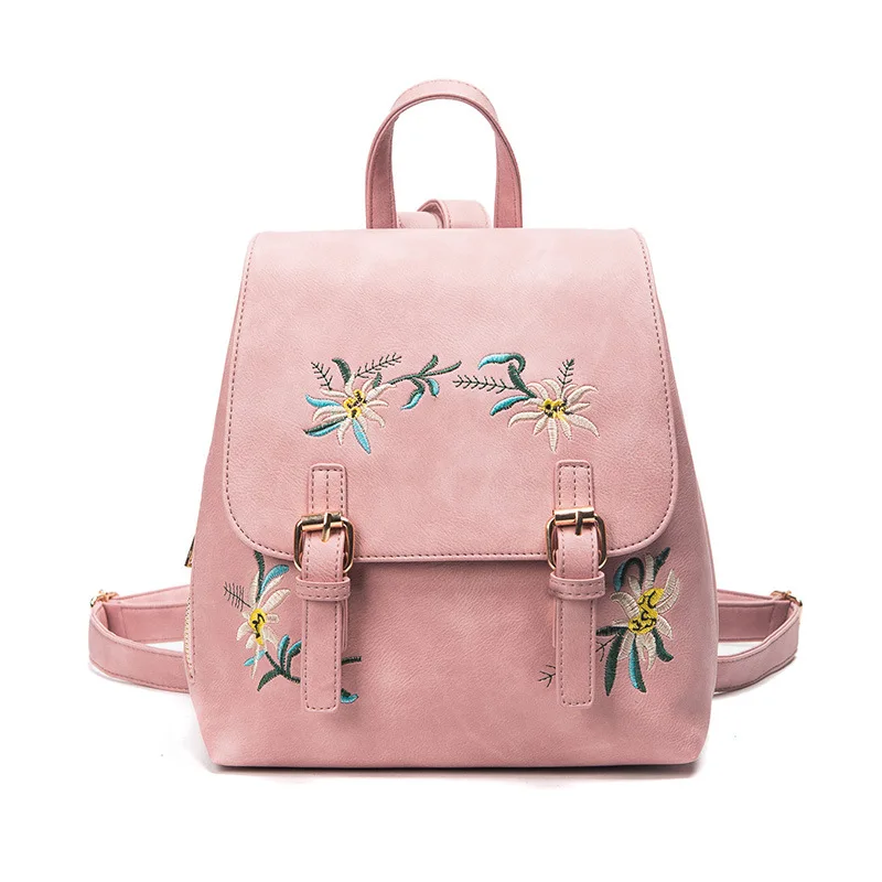 

New Women Flower Small Backpack Embroidery PU Leather Lady Fashion Cute Travel Backpacks