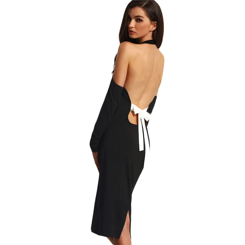 Hollow Out Black Open Shoulder Long Sleeve Backless Bow Halter Dress