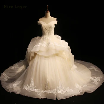 

HIRE LNYER Off The Shoulder Short Sleeve Lace Up Luxury Bridal Gown Vestido Noiva Customize Appliques Gorgeous Wedding Dresses