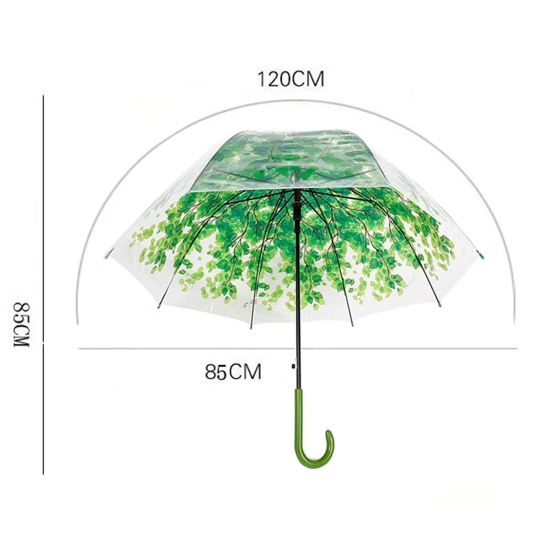 1 шт., прозрачный зонтик с зеленым листом для женщин, зонт принцессы с длинной ручкой, милый зонтик с защитой от ветра и дождя