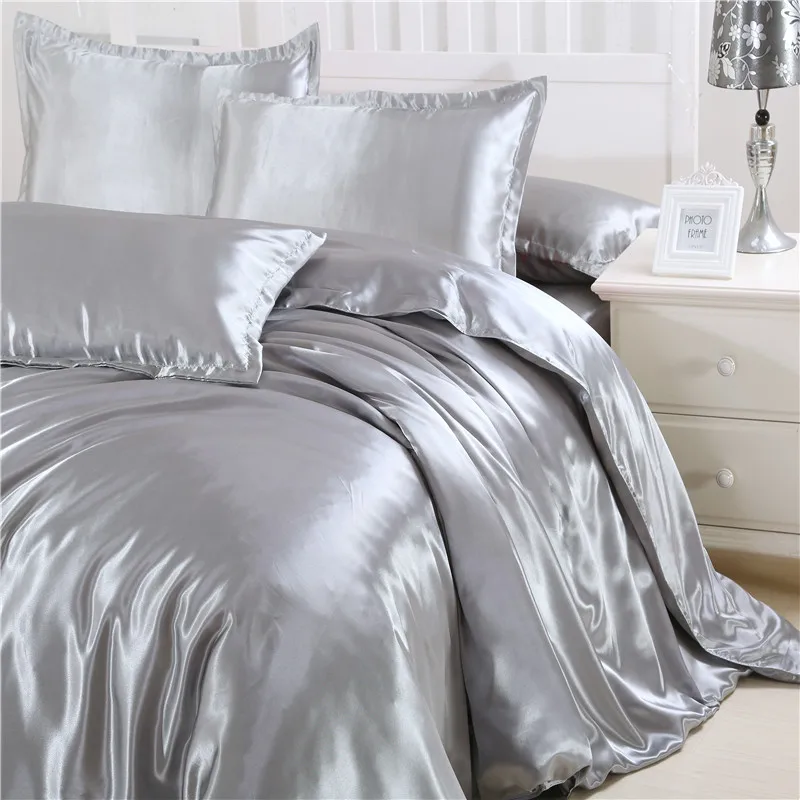 Hot Sale Luxury Grey Solid Satin Silk Duvet Cover Set Smooth Cold