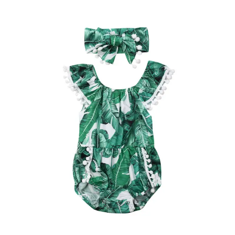 

Newborn cute baby girl romper fashion leaf print tassel sleeveless jumpsuit baby clothes suit