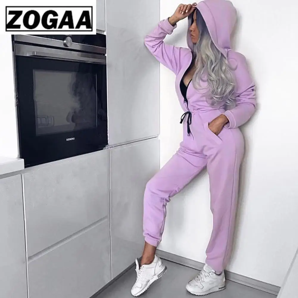 

High Quality Cool Girl Autumn Spring 2 Pieces Sets Female New Fashion Casual Suit Sexy Purple Hooded Zipper Gym Jumpsuits Suit