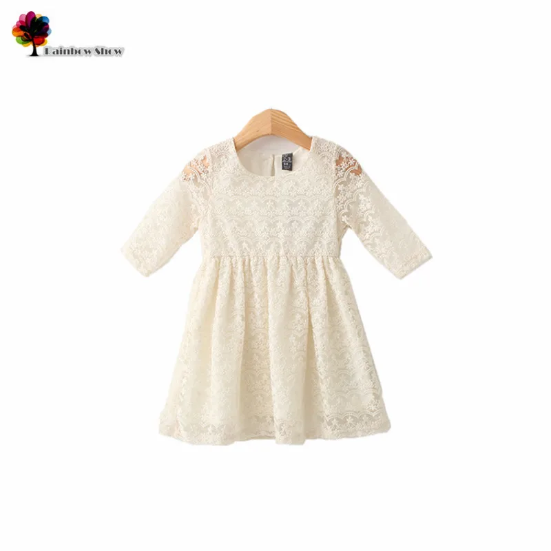 

New Children Clothing Summer Girls Elegant Floral Lace Half-sleeved O-neck Cotton Dresses with Flower - shaped Cutouts