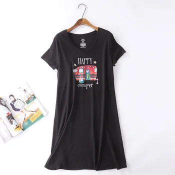 

New Plus Size Sleeping Skirt Women Nightwear Cartoon Night Sleepwear Short Sleeve Knitted Cotton Home Apparel nighty Sleep Dress