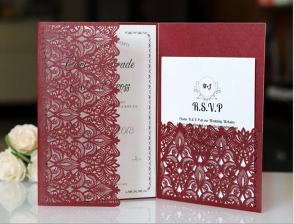 

Fall burgundy invitations for wedding pocket tri-folded invitation envelop with RSVP card provided customized printing