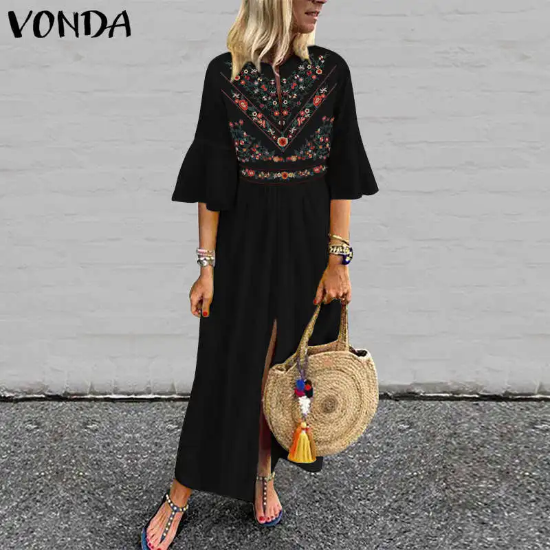 Женское винтажное платье с принтом, VONDA, сексуальное, v-образный вырез, рукав с рюшами, разрезное, макси, длинные платья размера плюс, повседневные, свободные, Vestidos S-5XL - Цвет: Черный