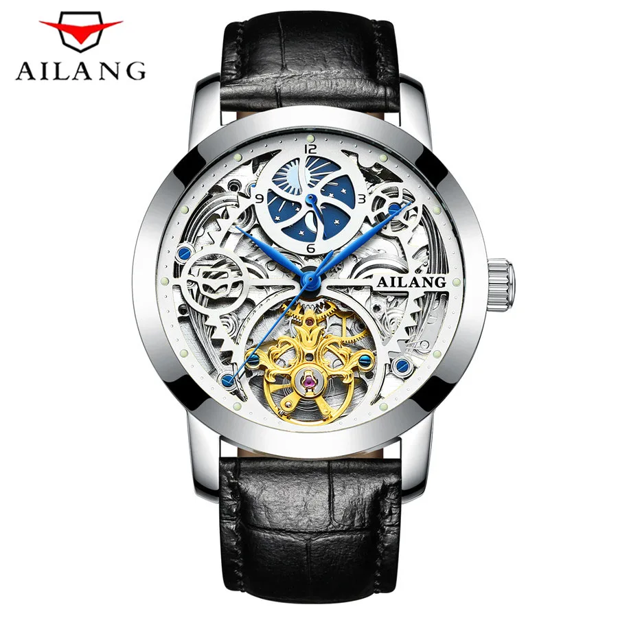 Ailang الجديد 2018 الرجال أوتوماتيكية بالكامل توربيون موضة الماركات الفاخرة جلد رجل noctilucent الساعات