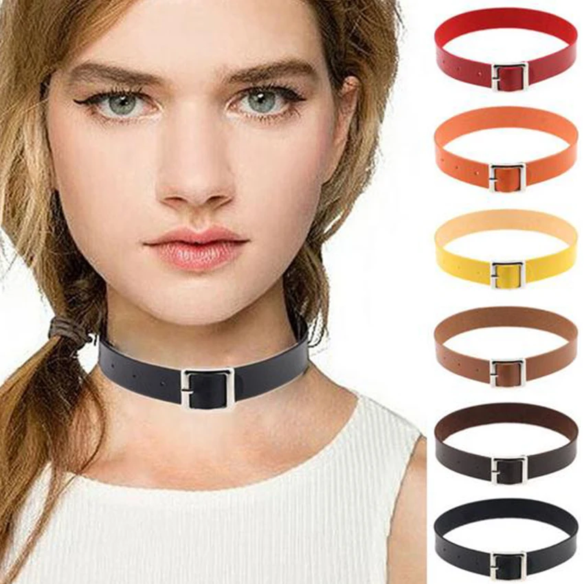 2016 Punk Black Leather Choker Necklace Women Belt Chokers Necklaces