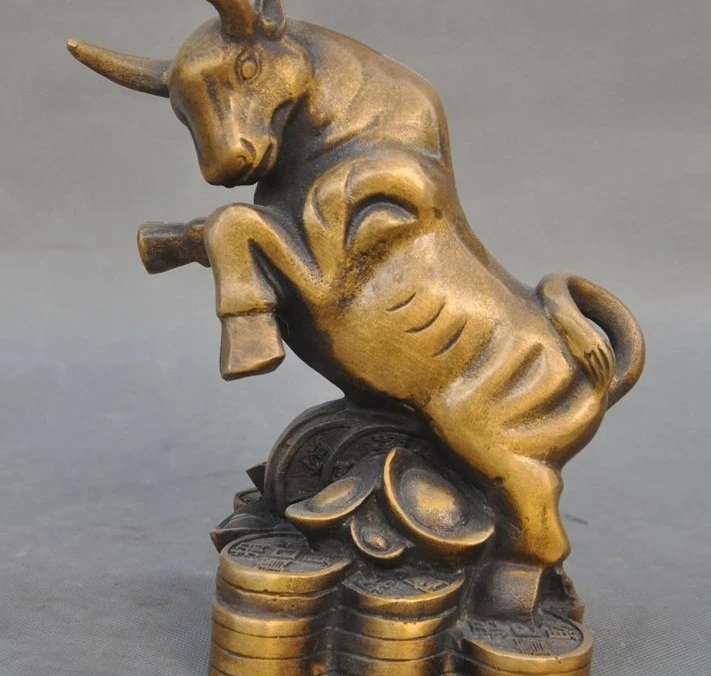 

7"Lucky Old Chinese Fengshui Bronze yuanbao Money Wealth Zodiac Oxen Bull Statue