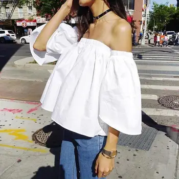 

AreMoMuWha 2019 Summer Korean Version of The New Flare Sleeve Word Collar Off-the-shoulder Tube Top Wild Loose Shirt Tunic