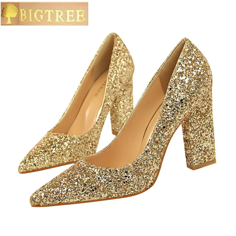 

2019 New Glittering Sequined Cloth Women Pumps Fashion High Heels Shoes Women's Pointed Toe Shallow Wedding Shoes Office Shoes